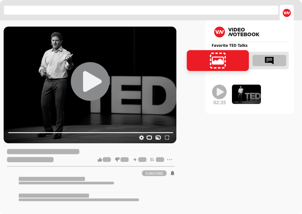 image displays the screenshot button on the video notebook extension. it shows how users can use the screenshot button to take a screenshot of the video that the user is watching. 